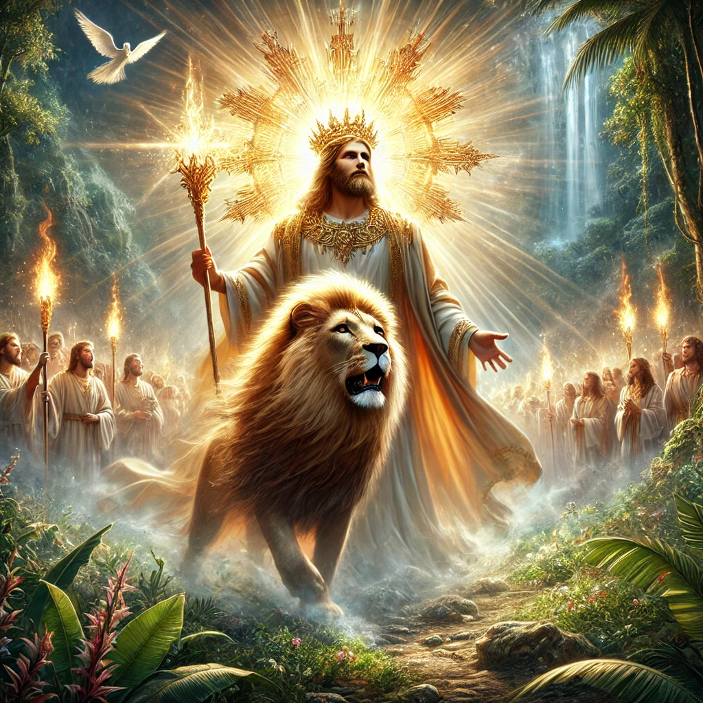Jesus as a man on earth accompanied by a lion