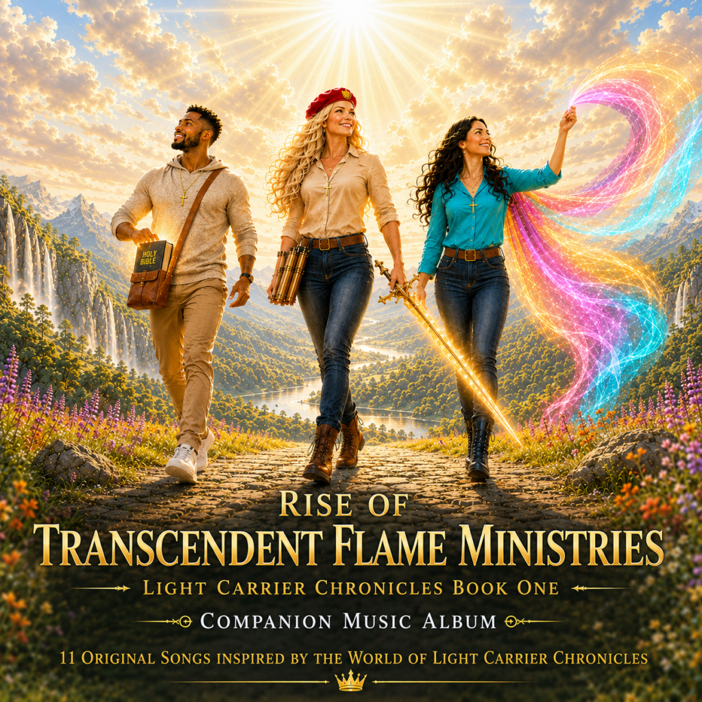 Rise of Transcendent Flame Ministries companion music album cover featuring Light Carrier, Faith Bringer, and Flag Bearer walking together through a radiant mountain valley beneath golden sunlight. The album contains 11 original songs inspired by Light Carrier Chronicles Book One by Ms Cindy Prophetic Scribe.