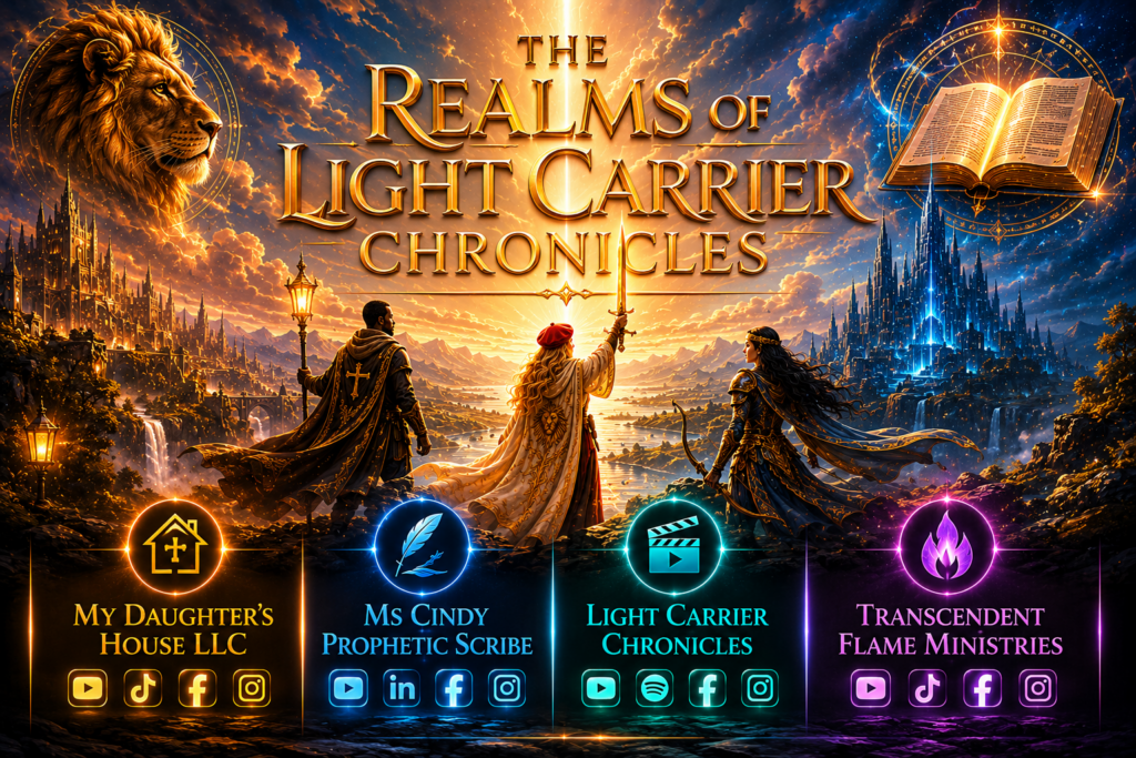Cinematic fantasy banner for The Light Carrier Chronicles Realms featuring symbolic landscapes, immersive storytelling elements, and interconnected multimedia ministry channels centered around Christian allegory, audiobooks, ambience, and spiritual themes.