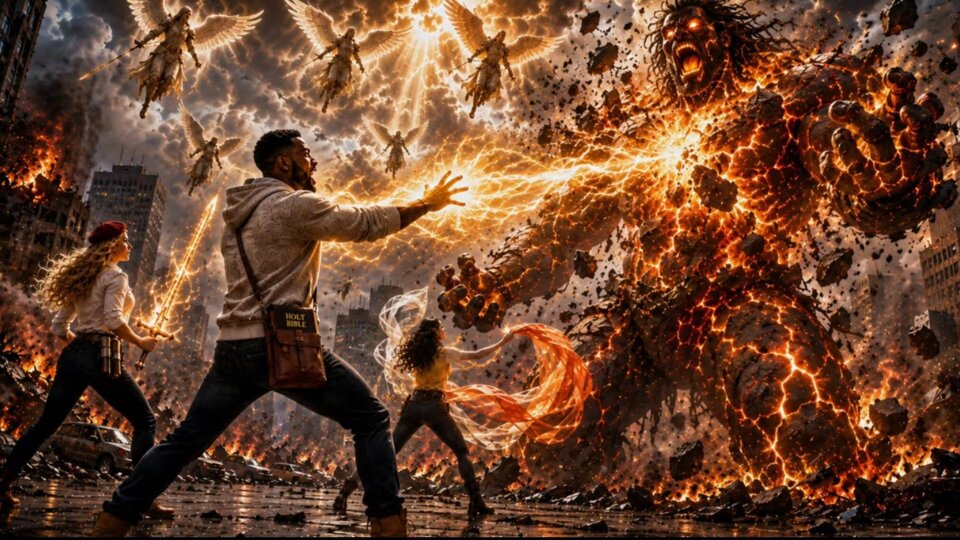 Light Carrier, Faith Bringer, and Flag Bearer battle a giant demonic stronghold named Spirit of Lust as angels descend from heaven during a spiritual warfare confrontation in Light Carrier Chronicles.