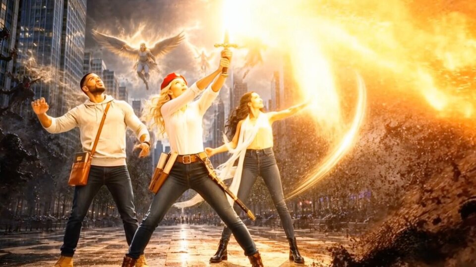 The Sword of Truth releases heavenly fire over a city as Light Carrier, Faith Bringer, and Flag Bearer confront the spirit of lust during a spiritual warfare battle in Light Carrier Chronicles.