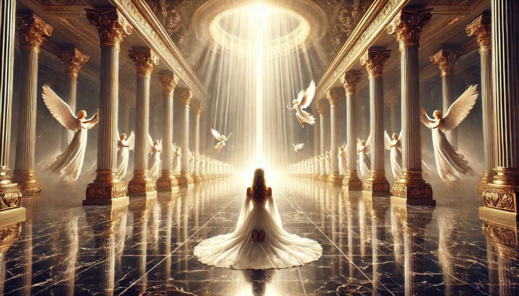 A blonde woman kneeling before the throne of God in heaven