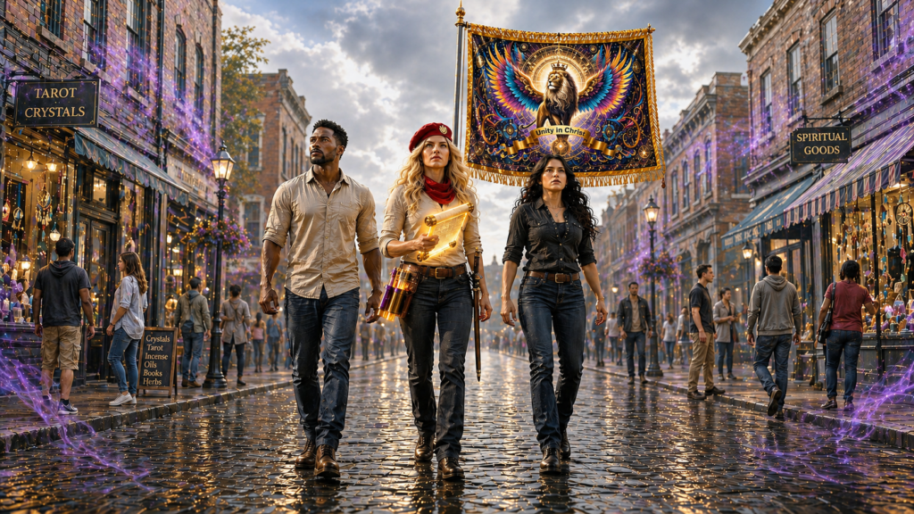 God's Ambassadors, Light Carrier, Faith Bringer, and Flag Bearer advance beneath the Unity Banner as they confront spiritual darkness in Chapter 9: Casting Out Demons | Light vs. Darkness.