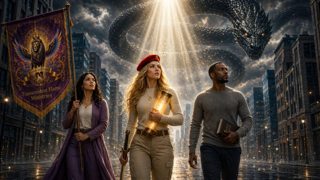 God's Ambassadors Light Carrier, Faith Bringer, and Flag Bearer advance beneath the Unity Banner through a city as the spirit of Leviathan looms overhead, symbolizing spiritual warfare against demonic strongholds.
