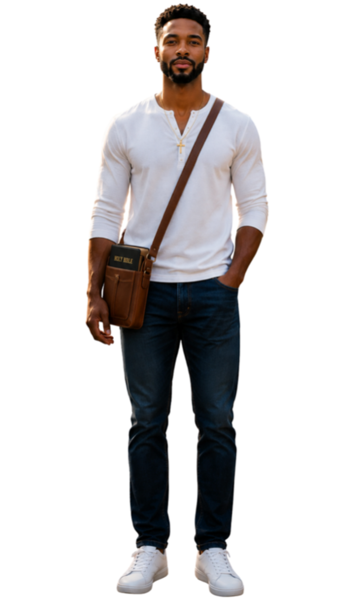22 year old black man wearing a white shirt, jeans, white tennis shoes with a cross strapped satchel containing a Holy Bible