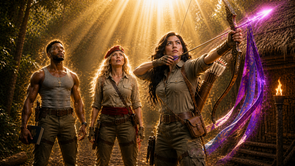 Image of three people the main focuses on a brunette woman firing a supernatural arrow