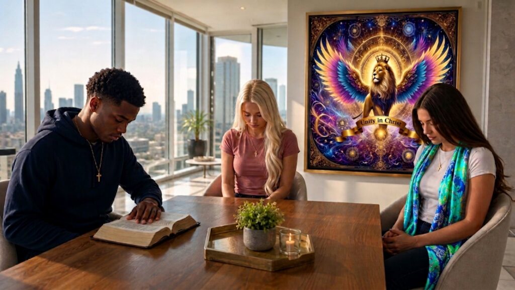 God's Ambassadors gather in prayer beneath the Unity Banner at the Transcendent Flame Ministries headquarters before Kingdom missions are undertaken.