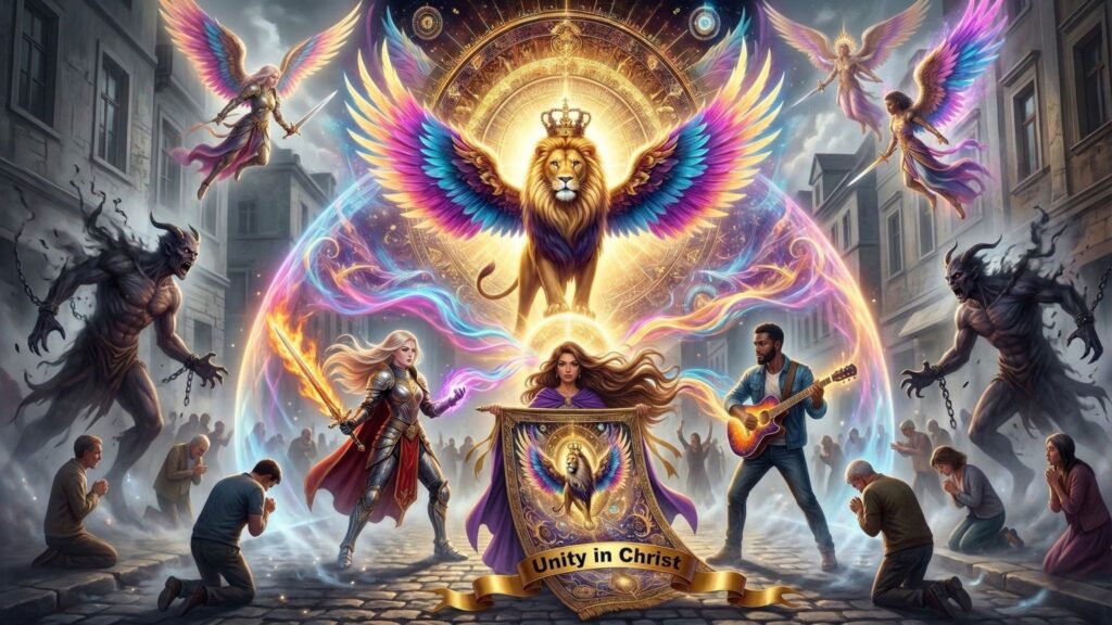 God's Ambassadors, Light Carrier, Faith Bringer, and Flag Bearer stand beneath the Unity Banner as angels battle demonic strongholds and believers pray, illustrating Christ's authority throughout the Realms of Light Carrier Chronicles.