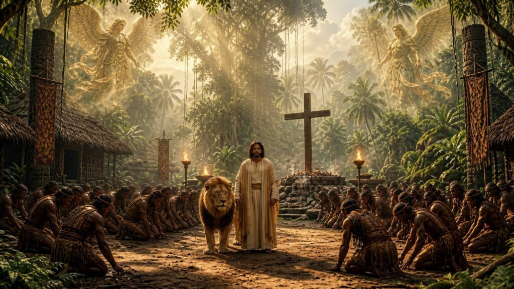 Jesus standing beside the Lion of Judah before the Lord's altar as villagers worship after the defeat of the Destroyer of Hope in Light Carrier Chronicles Chapter 10.