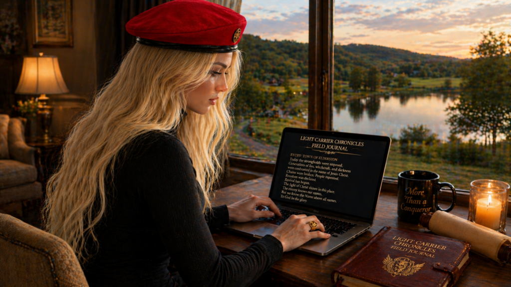 Young blonde woman wearing a red beret sitting at a desk typing on a computer
