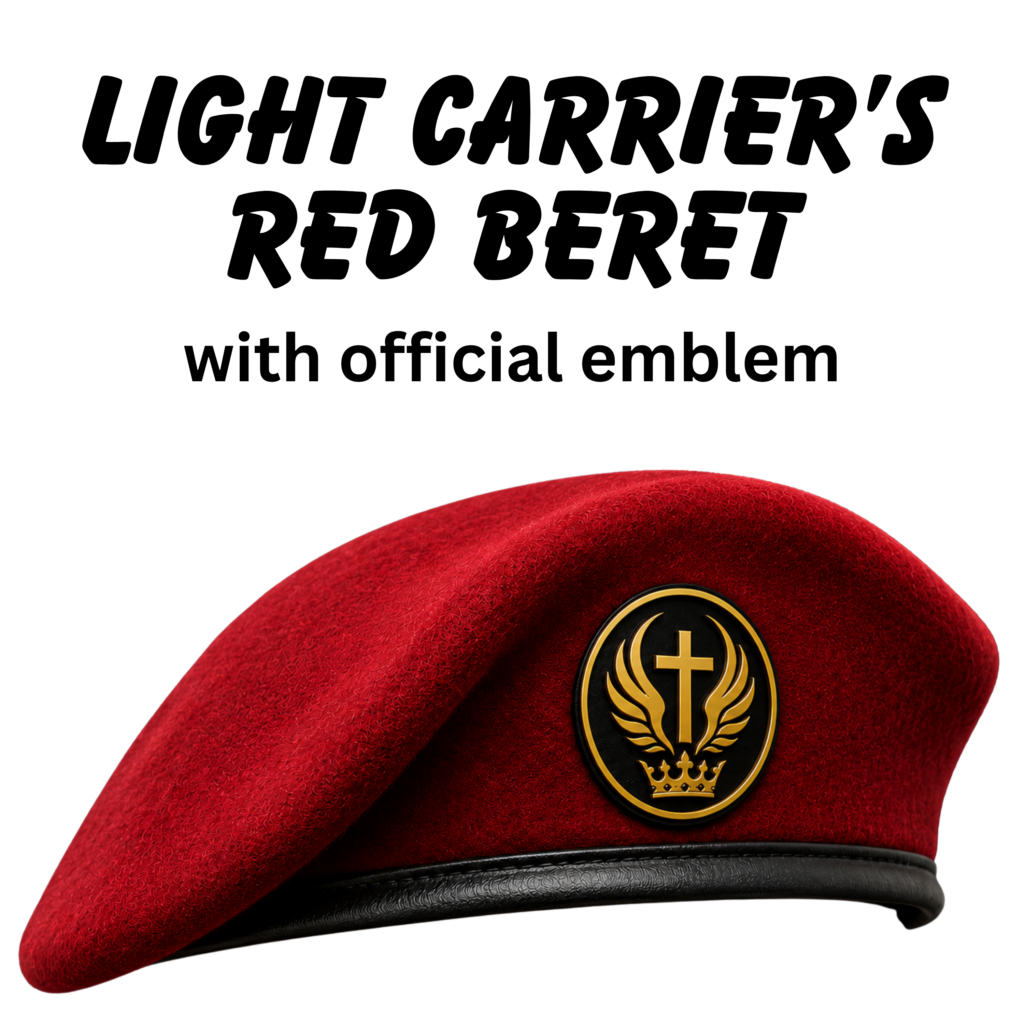 Red military style beret given to Light Carrier by God signifying her office as a prophetic scribe with official emblem. The emblem is gold on a black background with wings over a crown and a cross between the wings