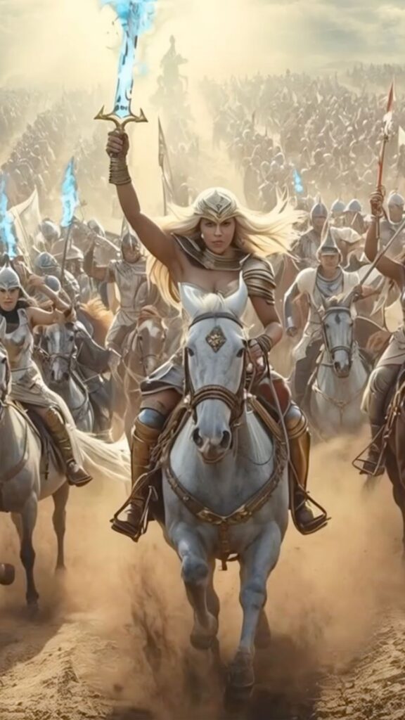 A blonde female warrior, Light Carrier, leads a great army on horseback beneath the authority of Jesus Christ, symbolizing believers advancing together under the Unity Banner.