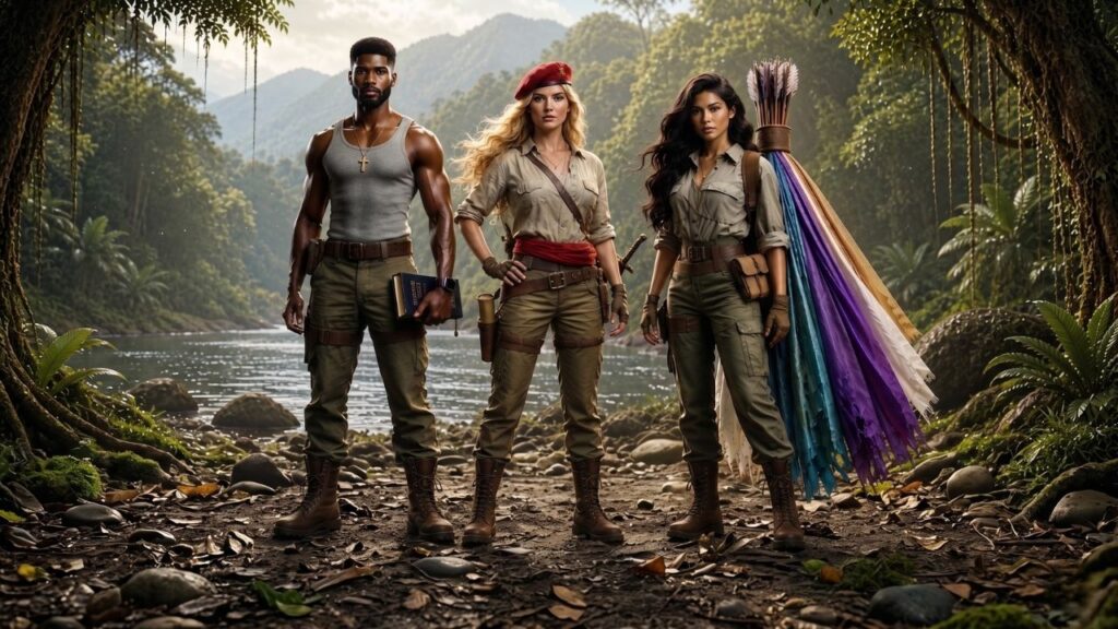 Light Carrier, Faith Bringer, and Flag Bearer standing on the bank of the fictional South American River Region