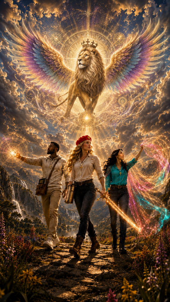 Three Christian ambassadors walk together beneath the Lion of Judah and the Unity Banner, celebrating victory and unity in Christ throughout the Realms of Light Carrier Chronicles.