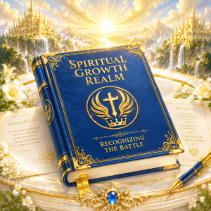 Book with a blue cover on a beautiful table with the words, spiritual growth realm, recognizing the battle