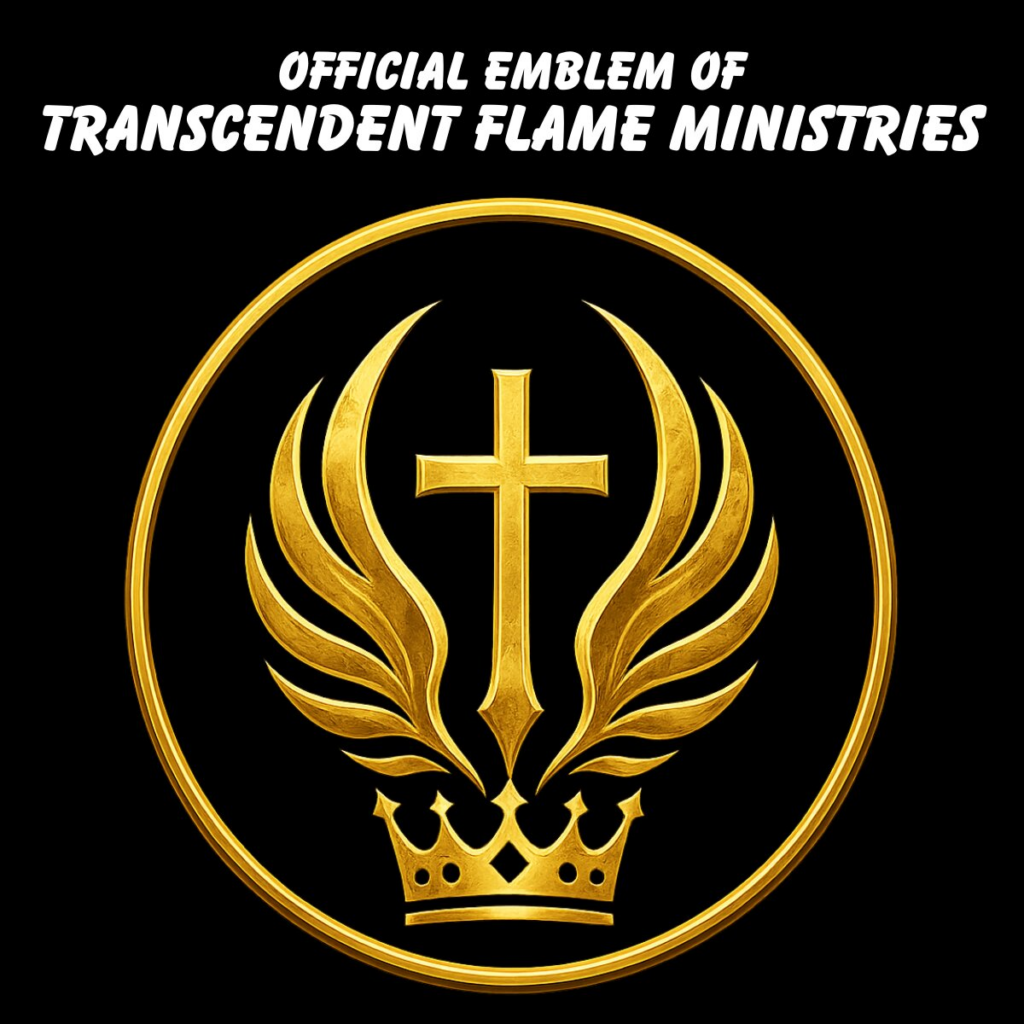 Official Transcendent Flame Ministries emblem featuring a gold cross, stylized flames, and a crown inside a gold circular seal on a black background with white lettering Official Emblem of Transcendent Flame Ministries