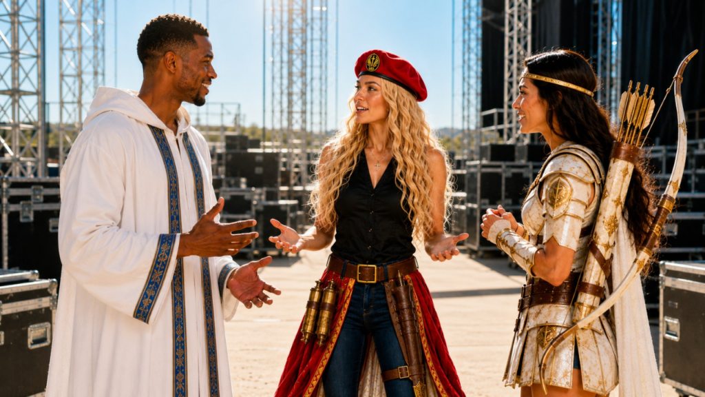 3 young people, Faith Bringer a black male, and two women, Light Carrier and Flag Bearer are backstage at an outdoor concert getting ready to perform