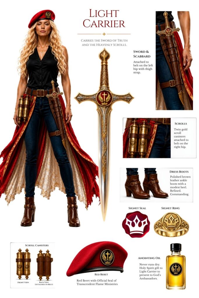 Light Carrier equipped for spiritual warfare with the Sword of Truth, heavenly scrolls, signet ring and seal, red beret, and anointing oil.