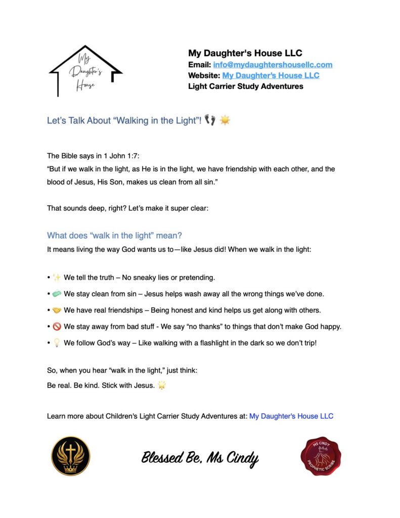 Light Carrier Study Adventures Walking in the Light Bible study lesson based on 1 John 1:7
