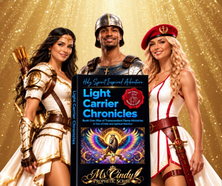 Light Carrier, Faith Bringer, and Flag Bearer standing behind Light Carrier Chronicles Book One: Rise of Transcendent Flame Ministries: A Tale of Faith and Spiritual Warfare